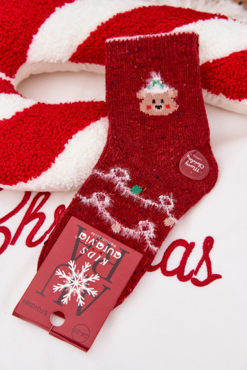 Calcetines navideños para niños con osito, de lana, de color rojo 2