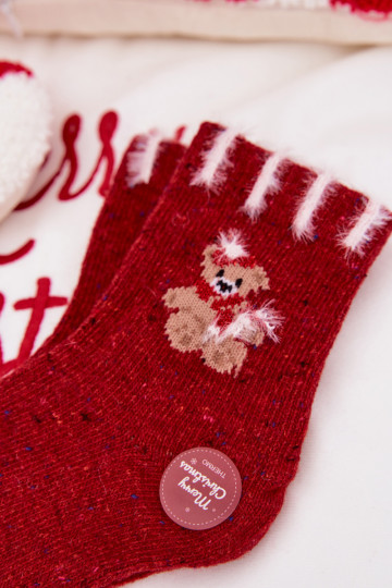 Calcetines navideños para niños con osito, de lana, de color rojo