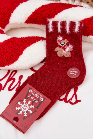 Calcetines navideños para niños con osito, de lana, de color rojo 2