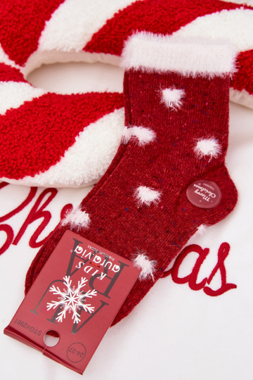 Calcetines navideños para niños con corazones y pelaje, de lana, de color rojo 2