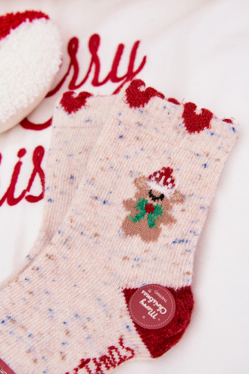 Calcetines navideños para niños con osito y corazones, de lana de alpaca, color arena