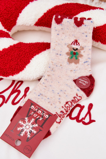 Calcetines navideños para niños con osito y corazones, de lana de alpaca, color arena 2