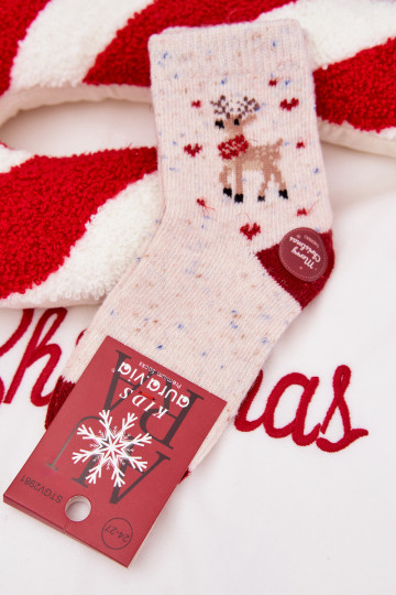 Calcetines navideños para niños con renos, de lana de alpaca, color arena 2