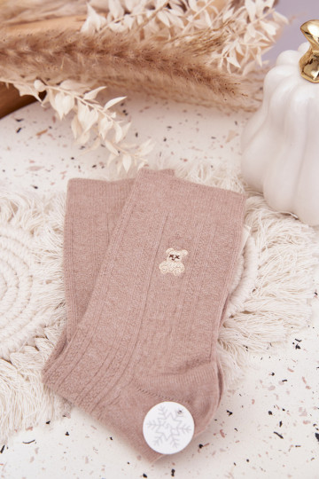 Calcetines de lana cálidos para mujer con ositos, de color arena