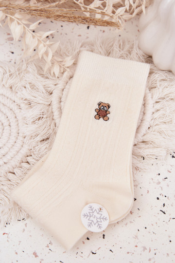 Calcetines de lana cálidos para mujer con ositos, de color marfil