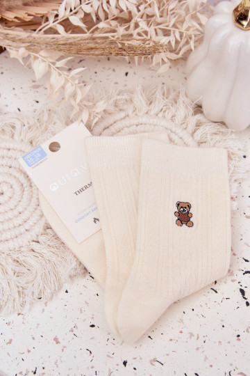 Calcetines de lana cálidos para mujer con ositos, de color marfil 2