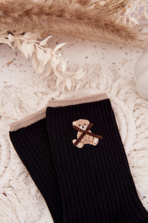 Medias de algodón con rayas con oso de color negro