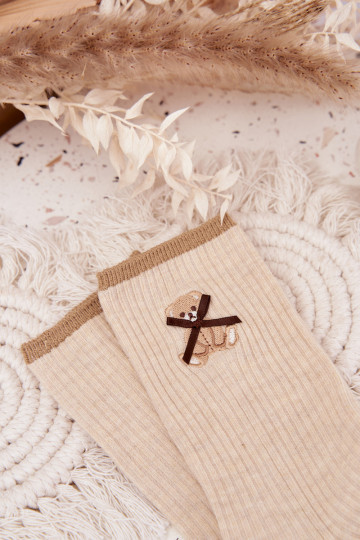 Medias de algodón con rayas con oso beige