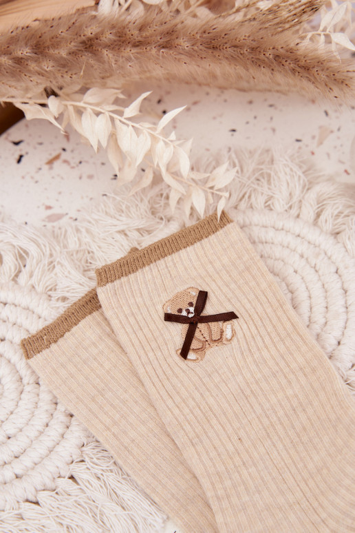 Medias de algodón con rayas con oso beige