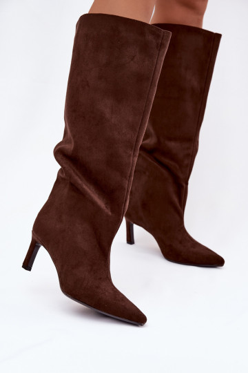 Botas largas de mujer de ante sintético, de tipo deslizable con tacones finos en color chocolate Phelin 2