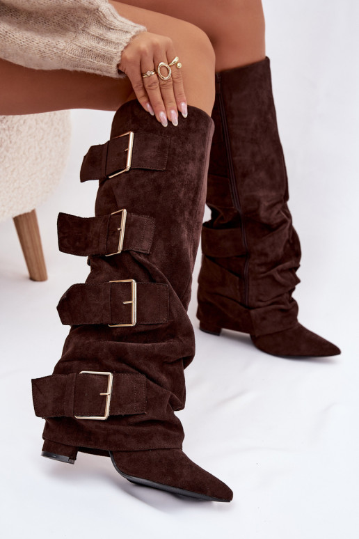 botas de mujer con taconesENyAiniętą CholeAką I color doradomi con hebillasmi de gamuza ecológicaoAe CzekoladoAe Isavelle