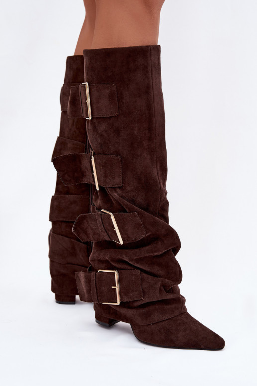 botas de mujer con taconesENyAiniętą CholeAką I color doradomi con hebillasmi de gamuza ecológicaoAe CzekoladoAe Isavelle