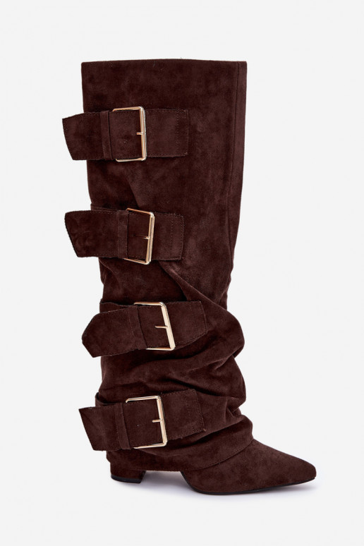 botas de mujer con taconesENyAiniętą CholeAką I color doradomi con hebillasmi de gamuza ecológicaoAe CzekoladoAe Isavelle