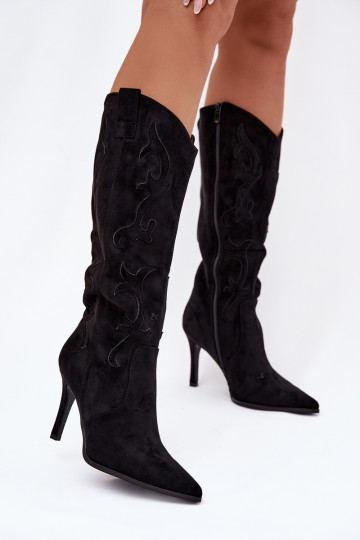 botas de mujer con tacones finos estilo vaquerode gamuza ecológicau de color negro Belonia