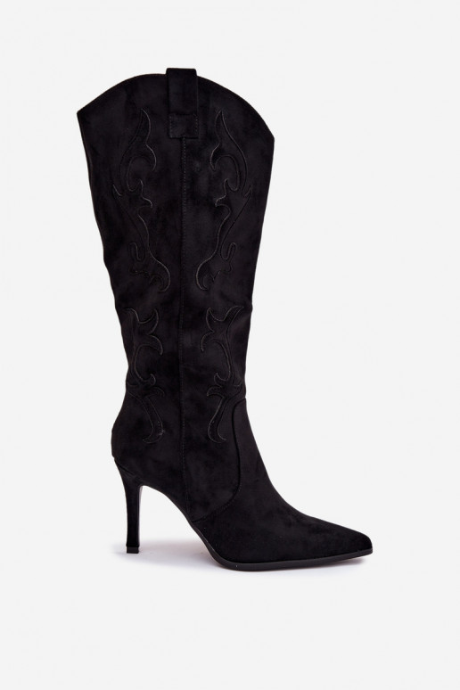 botas de mujer con tacones finos estilo vaquerode gamuza ecológicau de color negro Belonia
