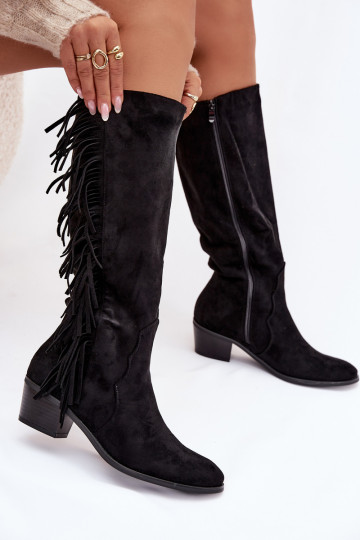 botas estilo vaquero Femenino con tacones con flecos calentamiento de color negro Firlina