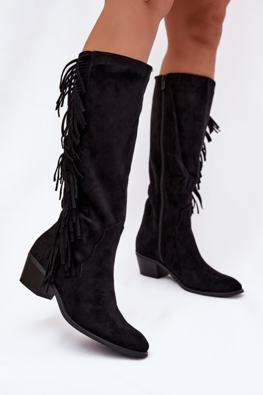 botas estilo vaquero Femenino con tacones con flecos calentamiento de color negro Firlina