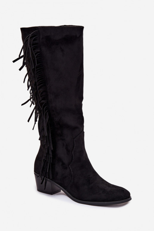 botas estilo vaquero Femenino con tacones con flecos calentamiento de color negro Firlina
