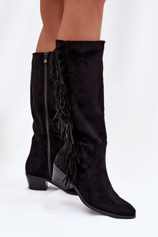 botas estilo vaquero Femenino con tacones con flecos calentamiento de color negro Firlina