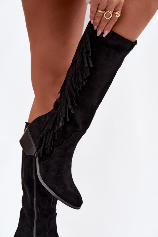 botas estilo vaquero Femenino con tacones con flecos calentamiento de color negro Firlina