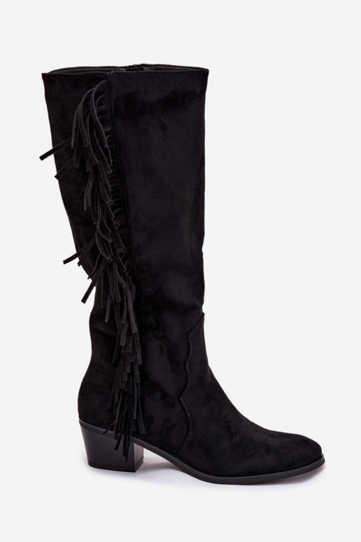 botas estilo vaquero Femenino con tacones con flecos calentamiento de color negro Firlina