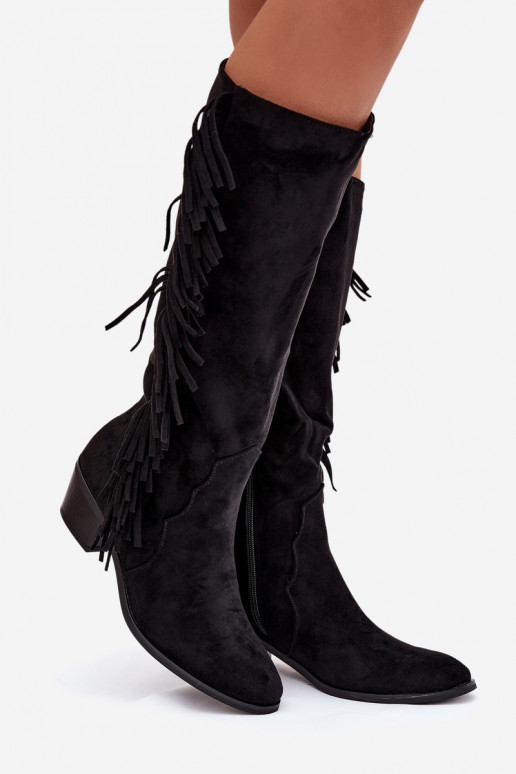 botas estilo vaquero Femenino con tacones con flecos calentamiento de color negro Firlina
