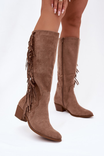 Botas altas color caqui con aislamiento de estilo cowboy para mujer con tacones y flecos Firlina 2