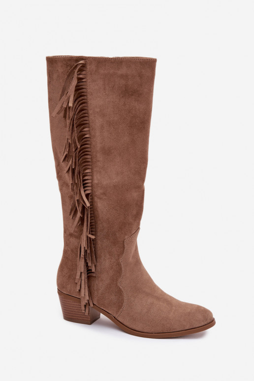 botas estilo vaquero Femenino con tacones con flecos calentamiento de color caqui Firlina