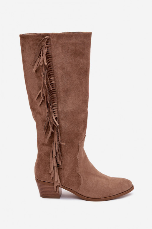 botas estilo vaquero Femenino con tacones con flecos calentamiento de color caqui Firlina
