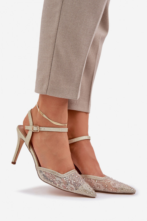 Zapatos de tacón decorativos con talón abierto color dorado Nadra