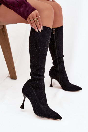 Botas altas de mujer con tacones finos y decoración D&A JC52-883 en negro