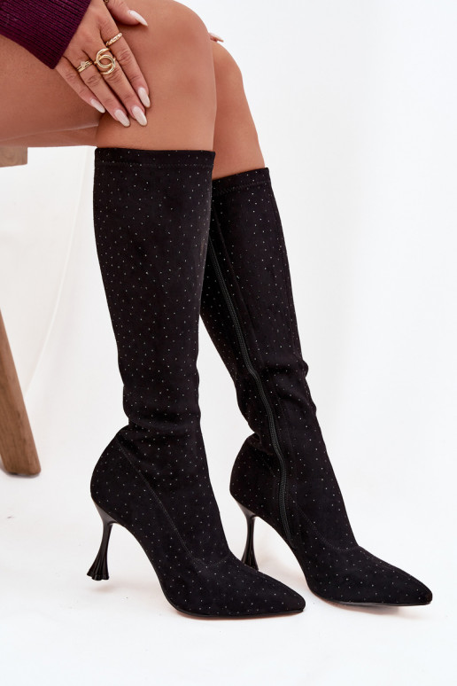 Botas altas de mujer con tacones finos y decoración D&A JC52-883 en negro