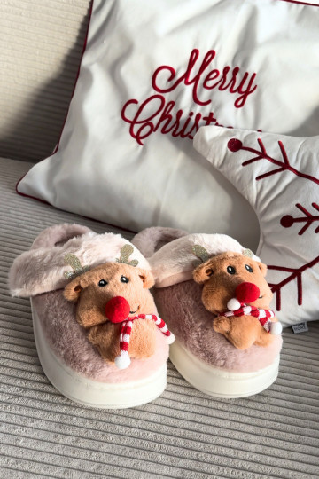 Zapatillas de mujer navideñas con renos y pelaje, color arena Ilianne