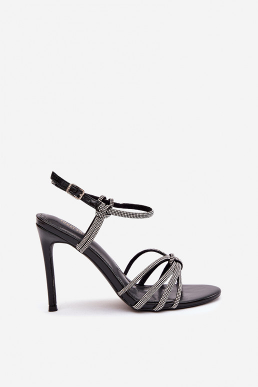 Sandalias de mujer con tacones finos con rayas y circonitas de color negro Tanelle