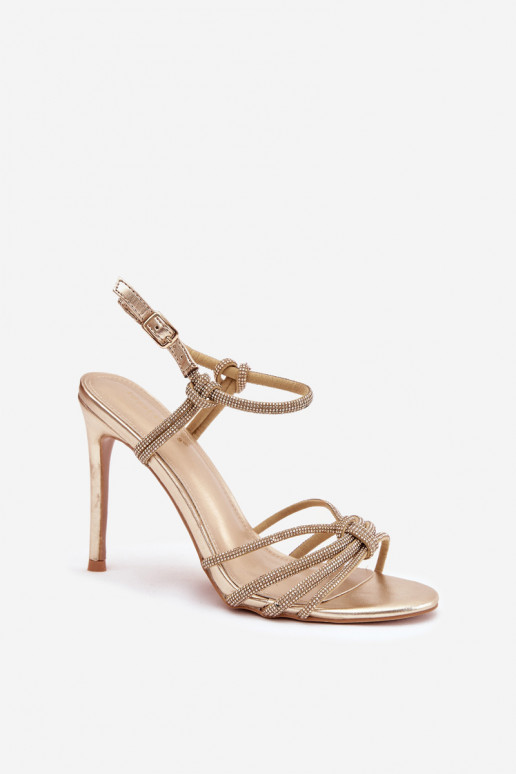 Sandalias de mujer con tacones finos con rayas y circonitas color dorado Tanelle