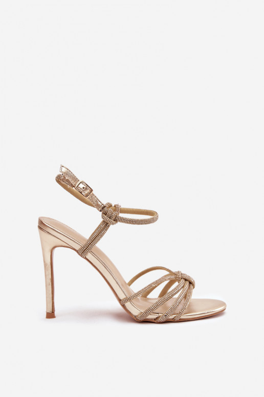 Sandalias de mujer con tacones finos con rayas y circonitas color dorado Tanelle