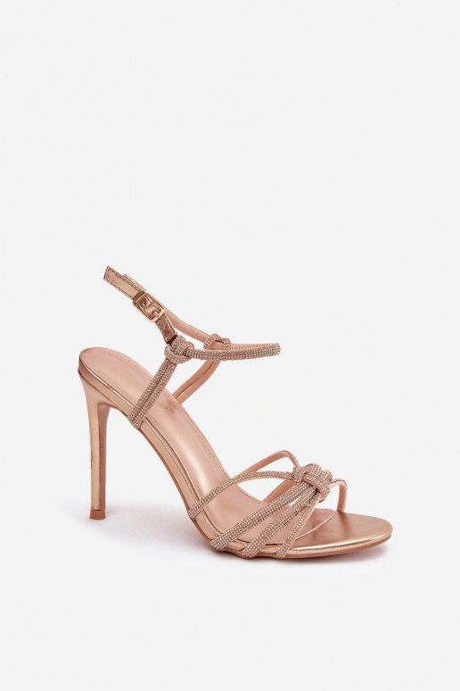 Sandalias de mujer con tacones finos con rayas y circonitas Szampańskie Tanelle