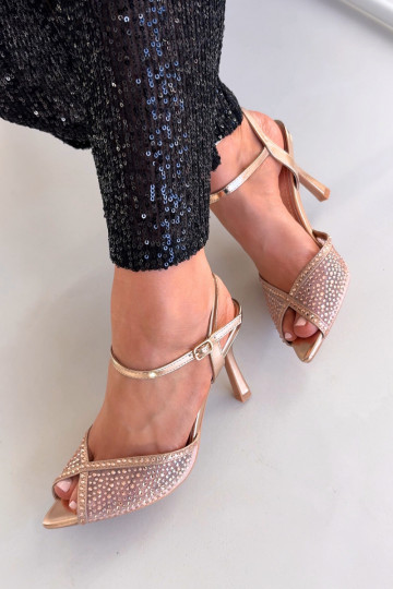 Sandalias de mujer color champán con tacones delgados y decoración Peloria