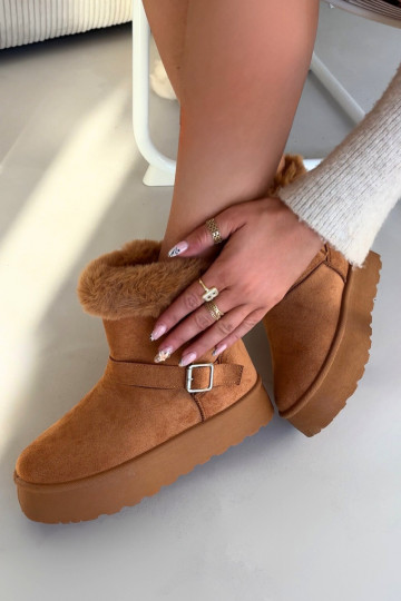 Botas de nieve marrones para mujer con plataforma, hebillas y pelaje Jesella
