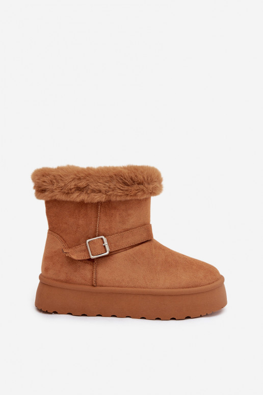 Botas de nieve Femenino con una plataforma con hebillas y un abrigo de piel color marrón Jesella