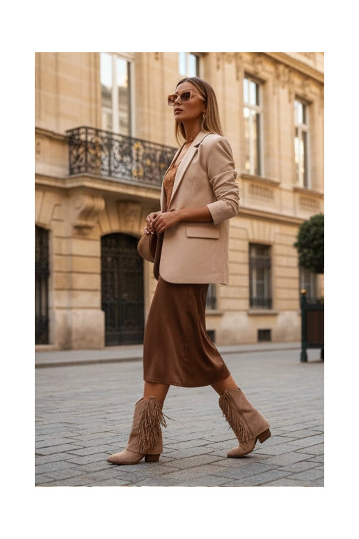 Botines de mujer color caqui estilo cowboy con flecos y tacones Gralina