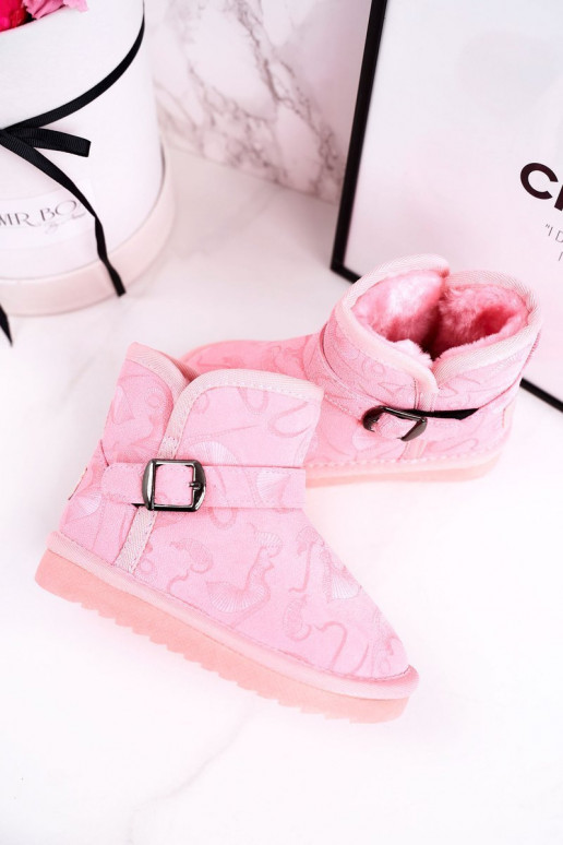 botas de nieve para niños con un abrigo de piel color rosa Caféi