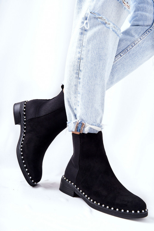 de gamuza botas con estilo con perlas artificiales de color negro Jilanna