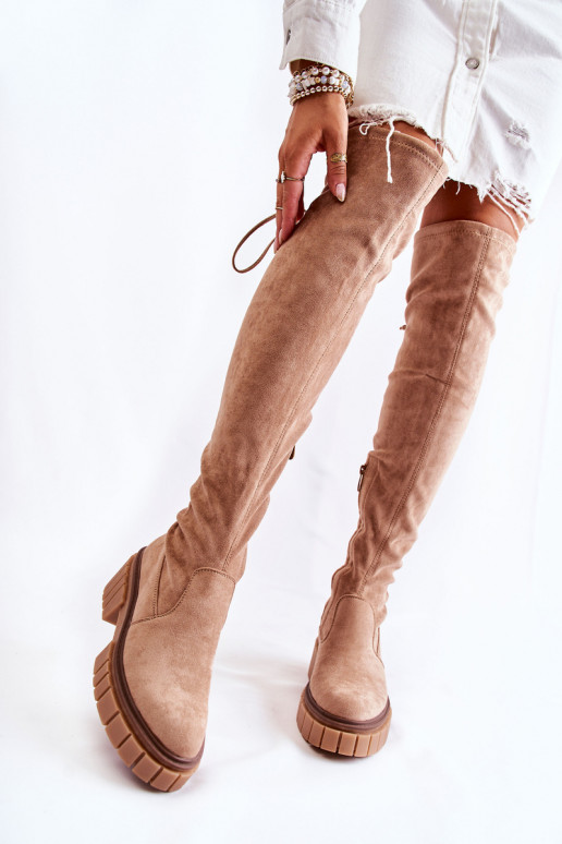 de gamuza Femenino botas por encima de la rodilla beige Cheera