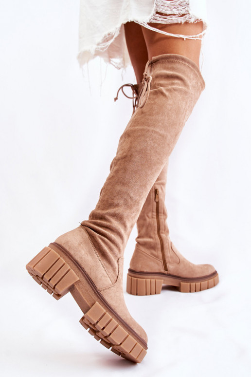 de gamuza Femenino botas por encima de la rodilla beige Cheera