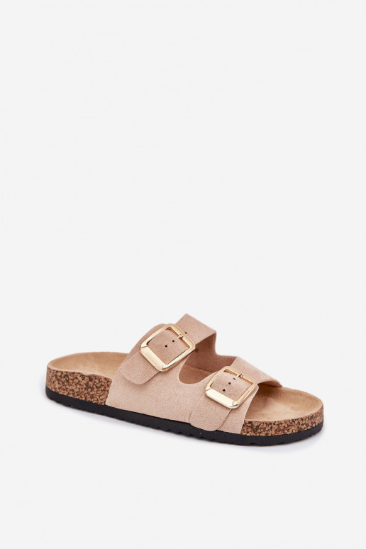 zapatillas de mujerde gamuza ecológicau color dorado con hebillas beige Vorella