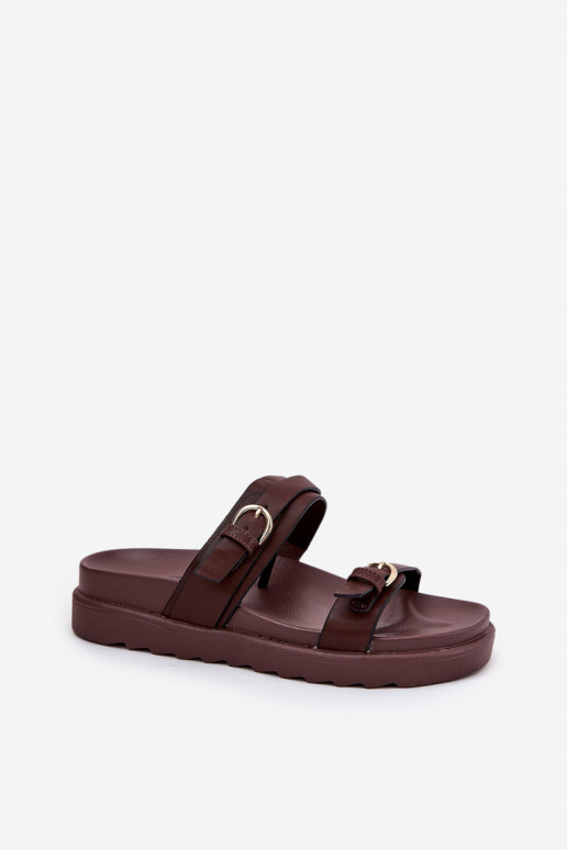 zapatillas de mujer con una plataforma Ze color doradomi con hebillasmi color marrón ENernone