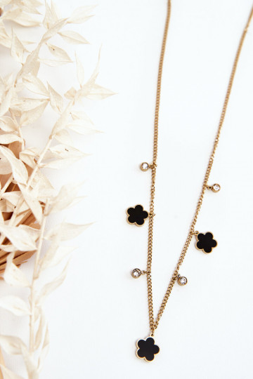 Collar de mujer tipo eslabón con flores negras color dorado
