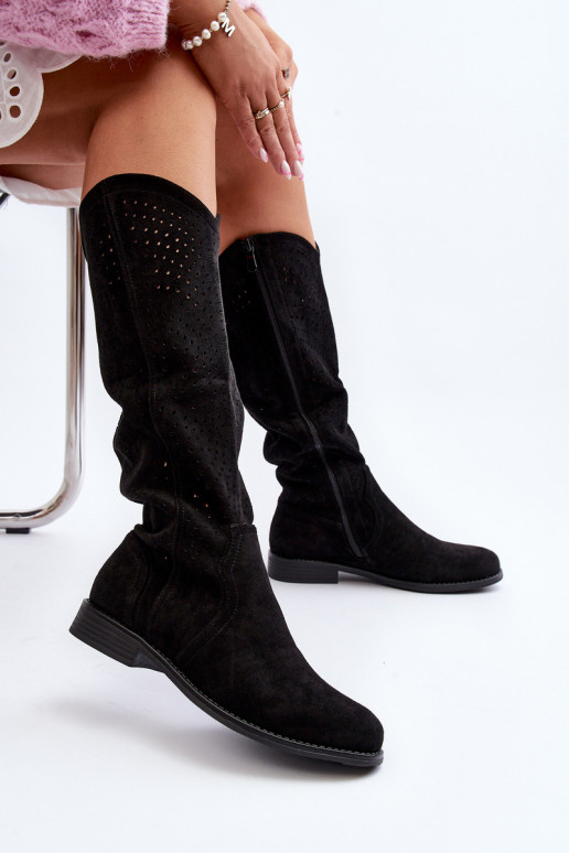 S.Barski HY66-150 con elementos calados botas con tacones anchos de color negro