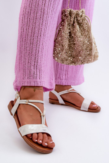 Femenino Sandalias planas con rayas S.Barski KV27-010 Blanco-color plata